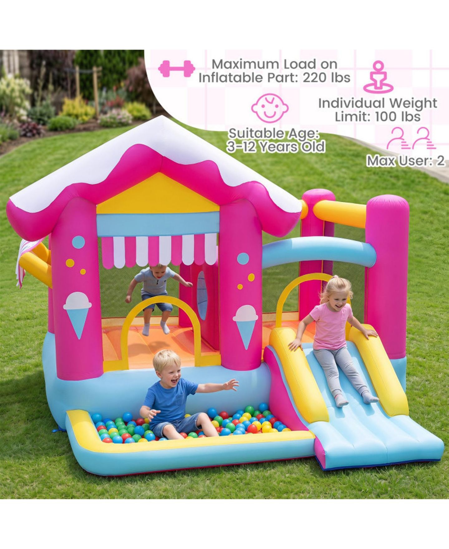 Детская игрушка SUGIFT 5-in-1 Inflatable Bounce House with Tunnel and Slide, Supports 2 Children, Ages 3-12, цвет: Розовый — фото 10