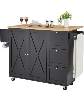 3 Drawer Rolling Kitchen Island Cart with Drop Leaf Wood Top