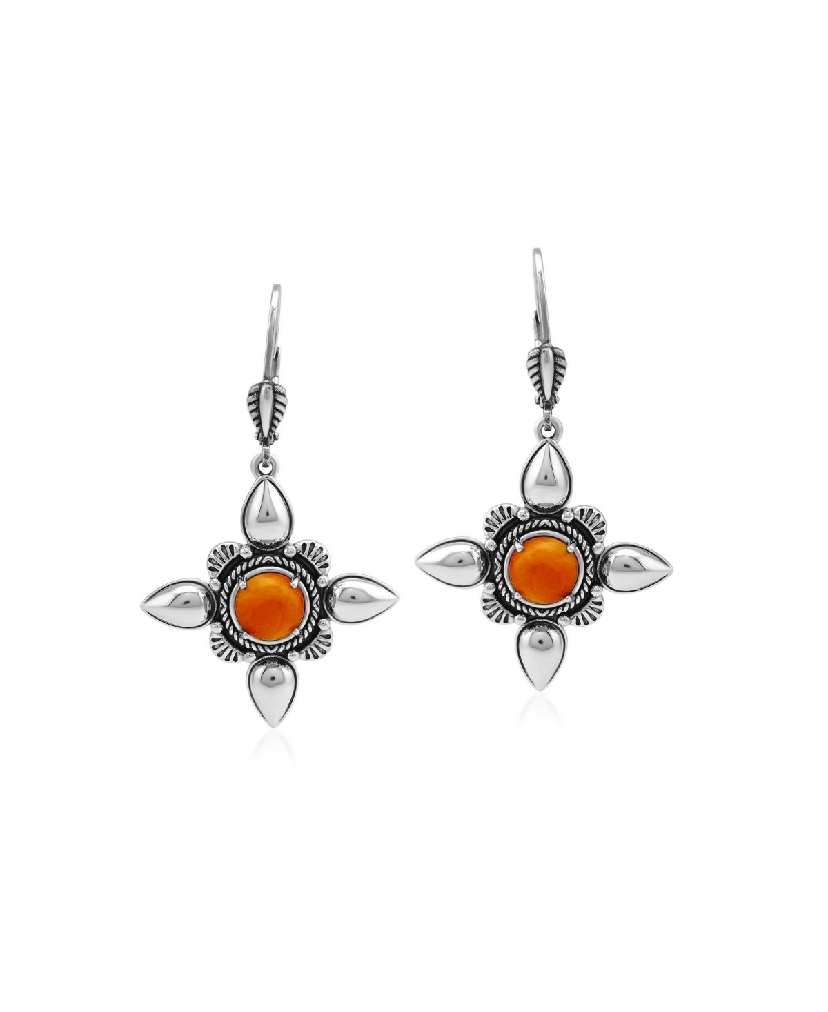 American West Jewelry Orange Spiny Oyster Star Dangle Earrings in Sterling Silver - Orange spiny oyster
