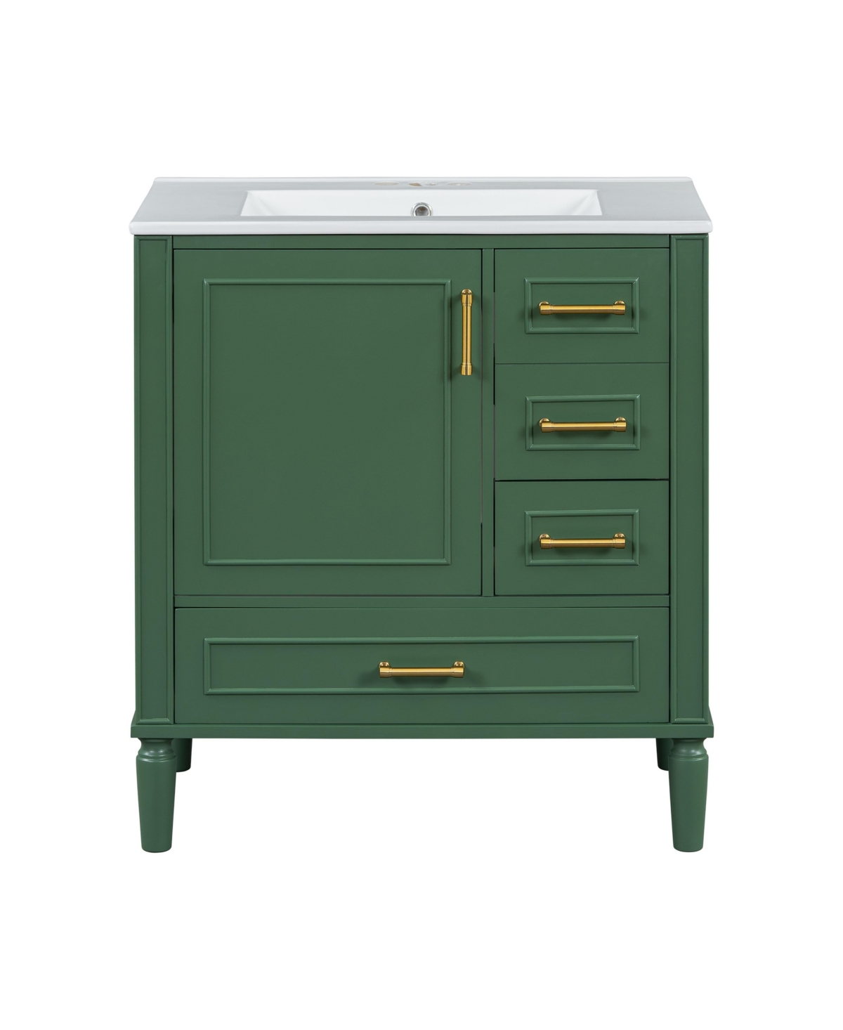 Sillysis 30 Inch Freestanding Bathroom Vanity, Mdf Cabinet with Solid Wood Frame and Legs, Ceramic Integrated Sink, Door-Mounted Organizer - Green