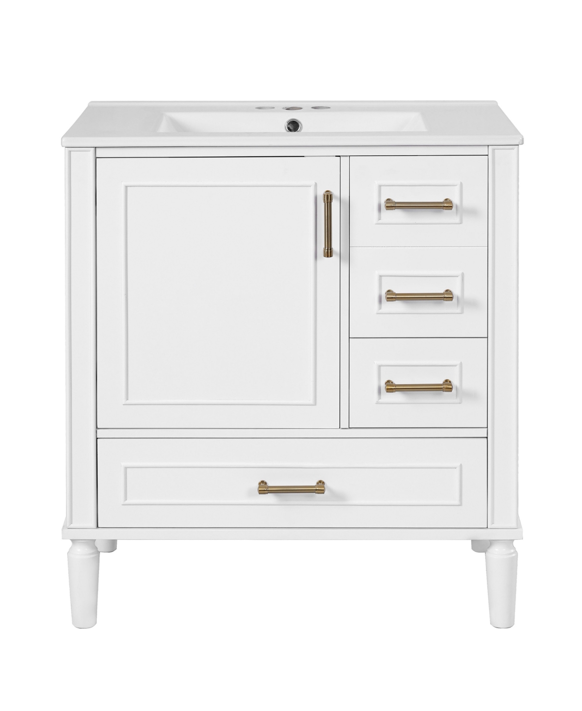 Sillysis 30 Inch Freestanding Bathroom Vanity, Mdf Cabinet with Solid Wood Frame and Legs, Ceramic Integrated Sink, Door-Mounted Organizer - White
