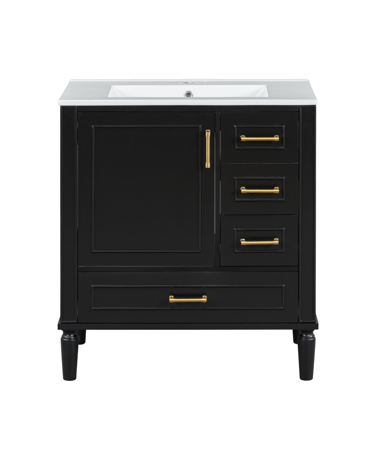 Sillysis 30 Inch Freestanding Bathroom Vanity, Mdf Cabinet with Solid Wood Frame and Legs, Ceramic Integrated Sink, Door-Mounted Organizer - Black