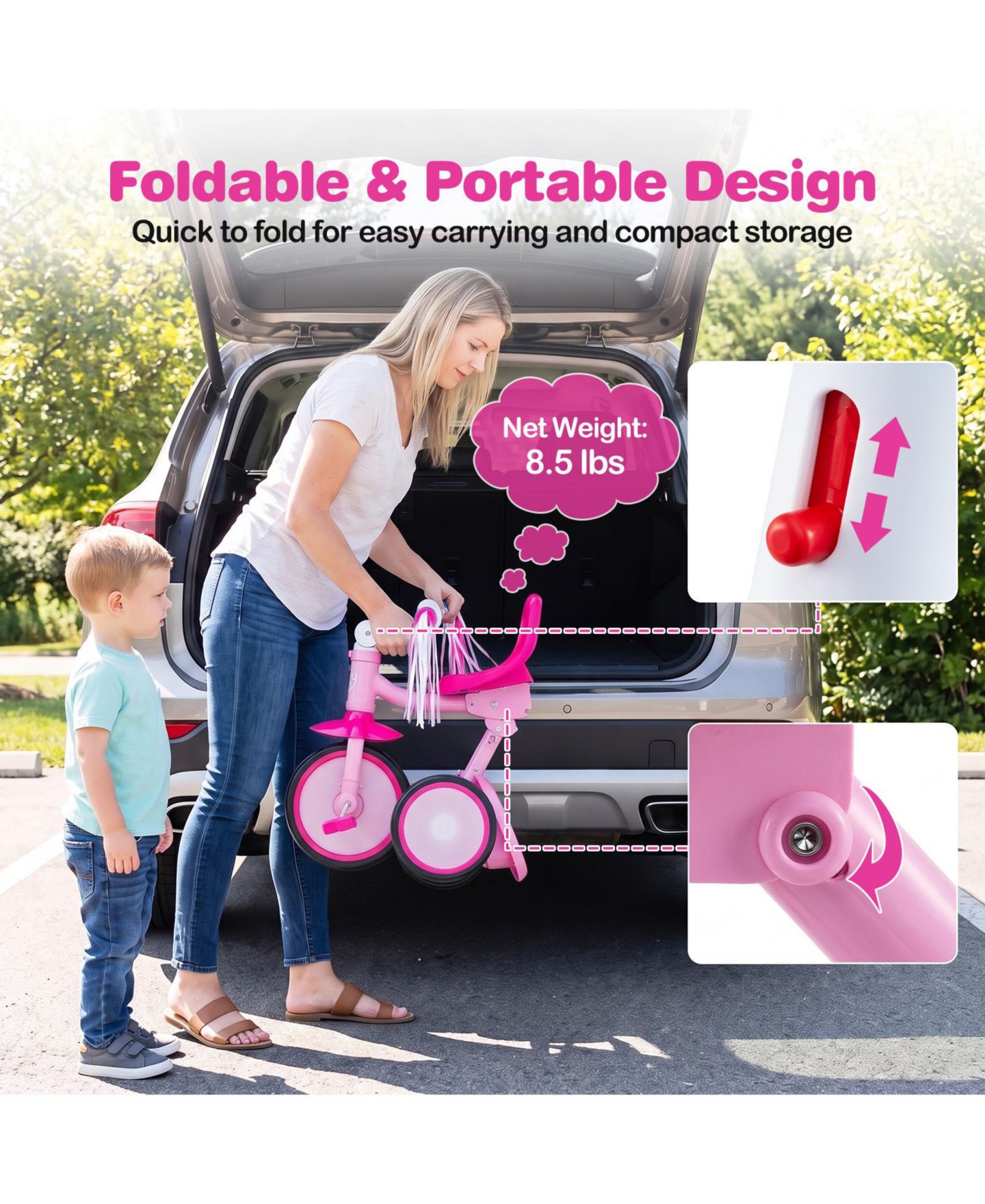Детская игрушка Costway Foldable Toddler Tricycle with Light-Up Wheels and Adjustable Seat, 55 lb. Capacity, Ages 2-5, цвет: Розовый — фото 6