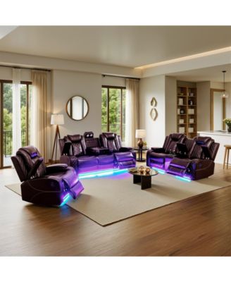 Pillow Top Arm Leather Recliner Sofa Set, 6-Seat Sectional with USB and Wireless Charging, Electric Reclining Couch for Living Room