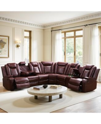 210" Straight Arm Leather L-Shape Recliner Sofa Set, 6-Seat Sectional with USB and Wireless Charging for Living Room