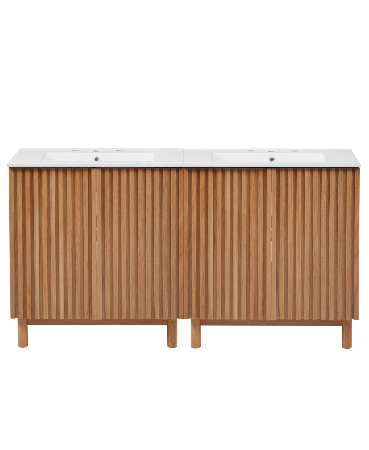 Sillysis 60 Inch Freestanding Bathroom Vanity Set, Mdf Cabinets with Solid Wood Legs, Ceramic Integrated Sinks, Recessed Finger Pulls - Wood