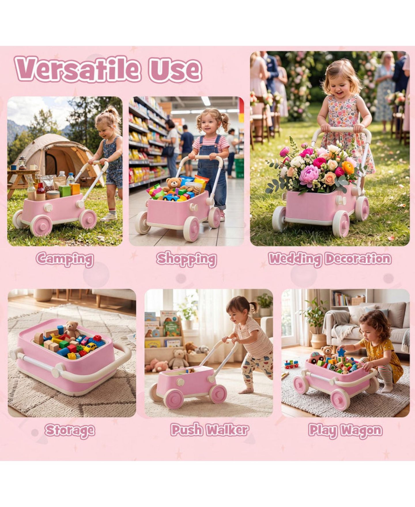 Детская игрушка SUGIFT Baby Push Wagon with Foldable Handlebar and Storage Basket, Ages 3-6, цвет: Розовый — фото 7