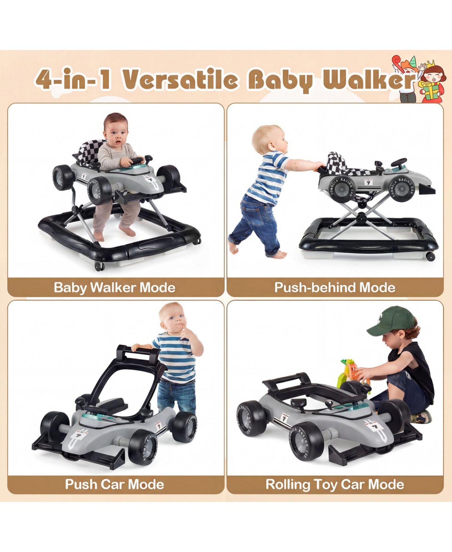 Детская игрушка SUGIFT 4-in-1 Baby Push Activity Center Height-Adjustable Detachable Music Box Walker, Ages 6-18 Months, цвет: Серый — фото 6