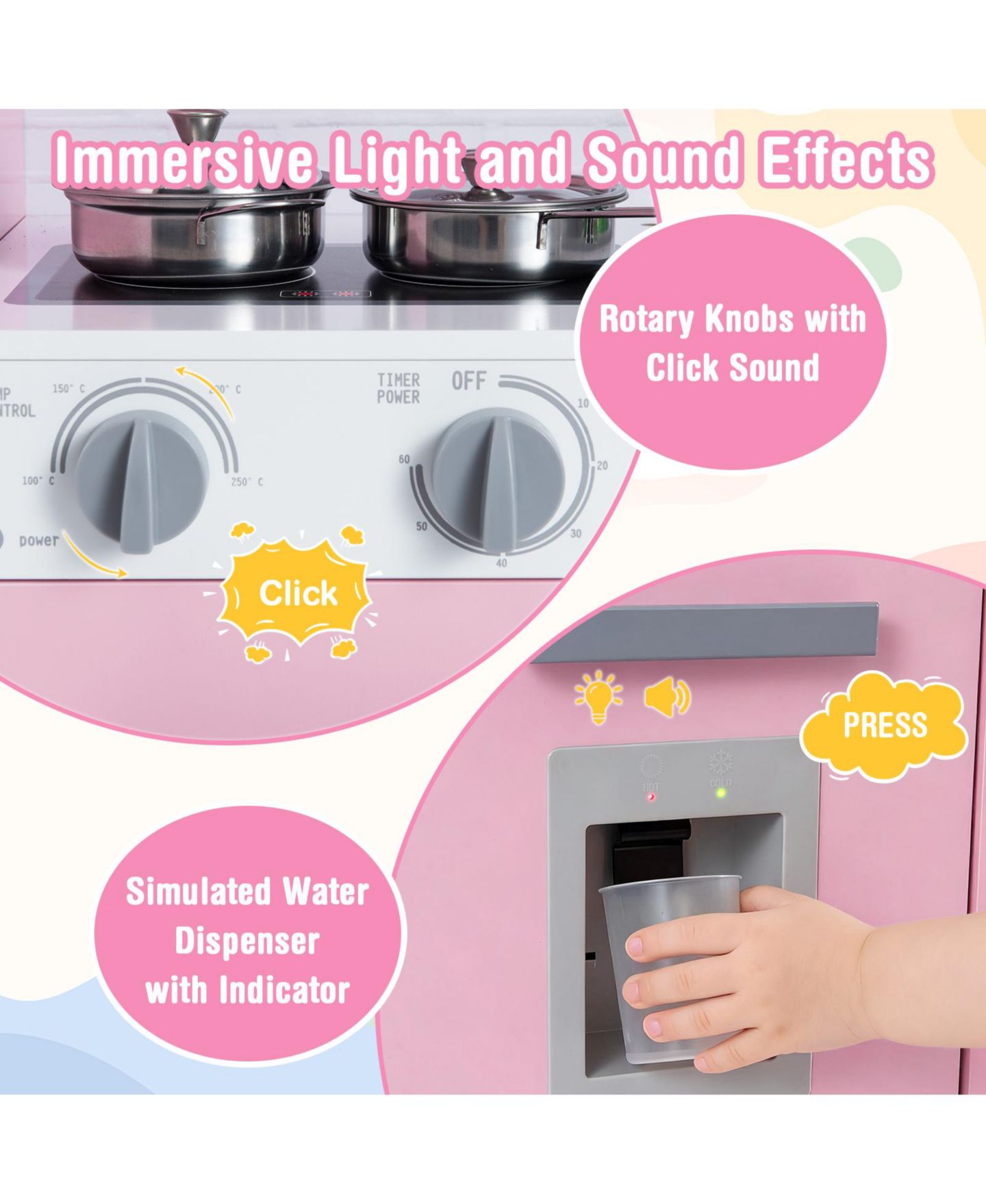 Детские игрушки HONGGE Clicking-Knobs Washing Machine Door Pretend Play Kitchen Set, Ages 3+, цвет: Розовый — фото 5