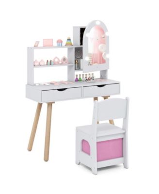 Kids Vanity Set Pretend Play Dressing Table Set with 3-Color Lighting Modes and Mirror Cabinet