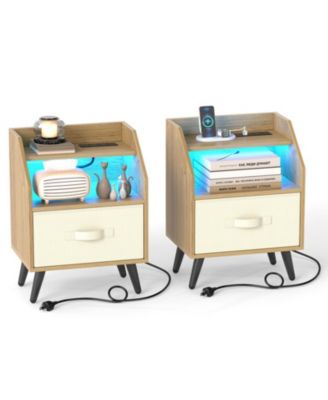 Set of 2 Nightstands with LED Lights and Power Outlets for Living Room