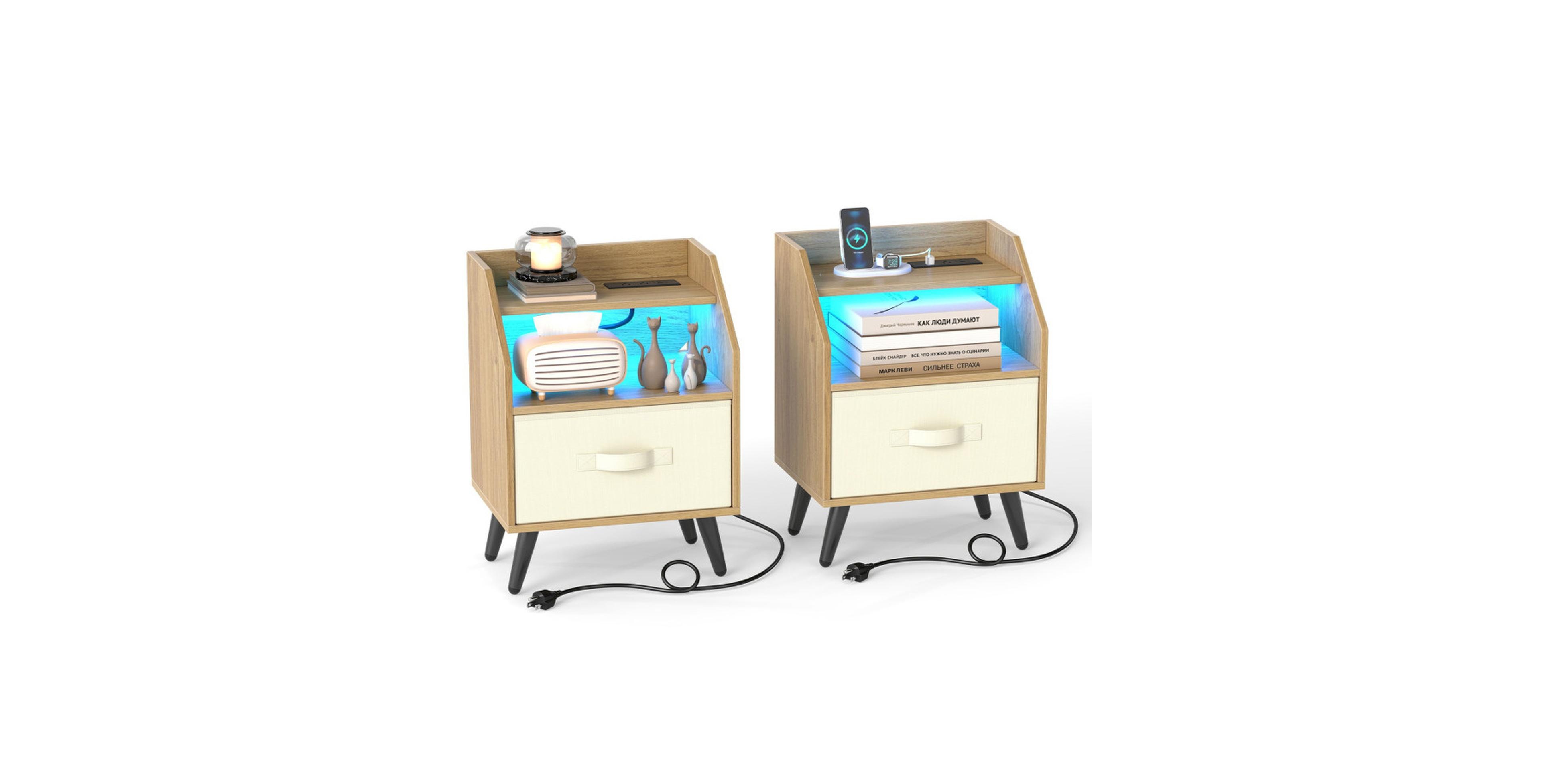 Sugift Set of 2 Nightstands with Led Lights and Power Outlets for Living Room