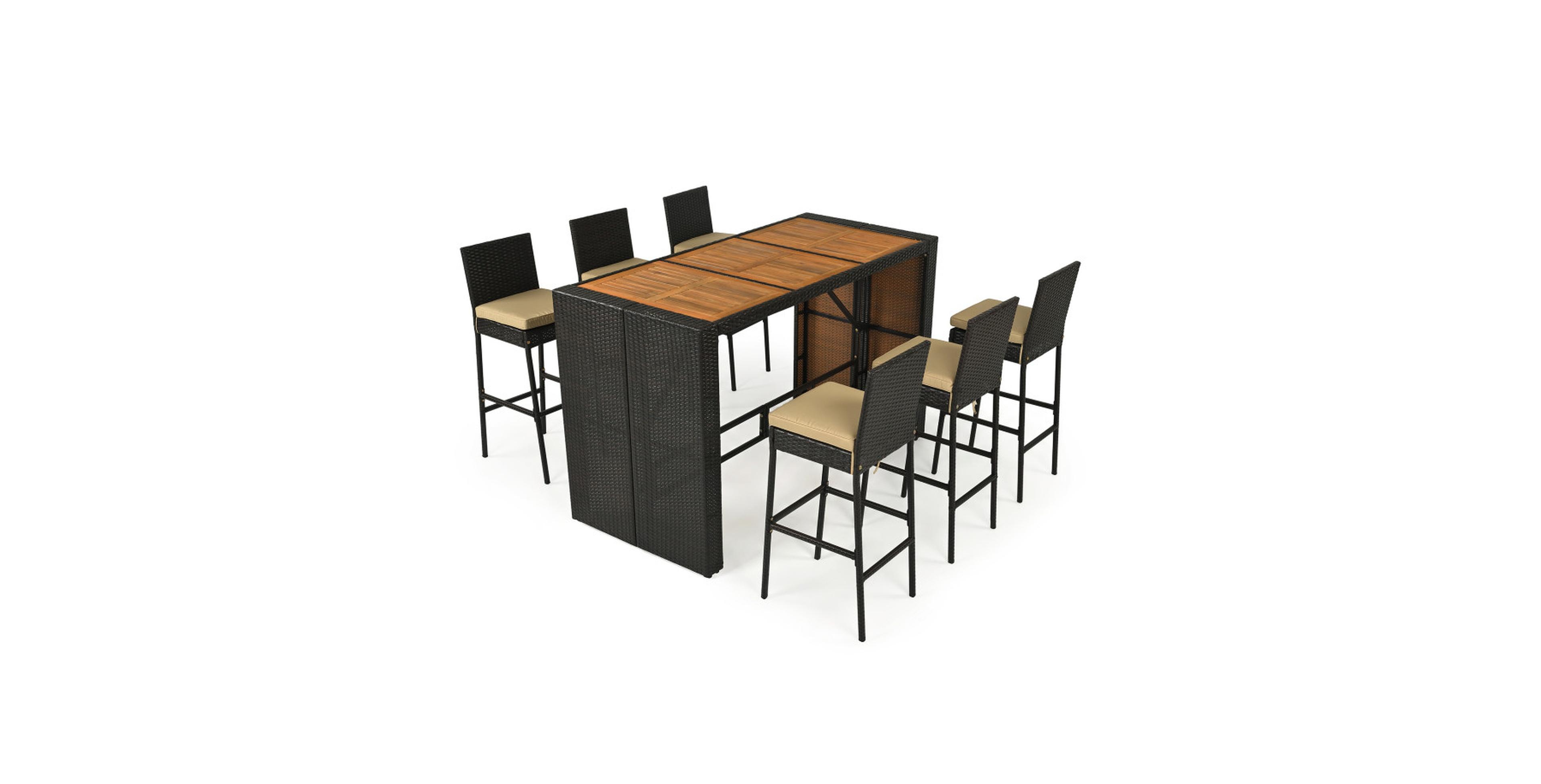 Gouun 7-Piece Wicker Bar Set Featuring Acacia Wood Tabletop Chair
