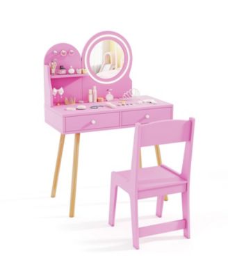 Kids Princess Makeup Dressing Desk and Chair Set with Mirror and Lights