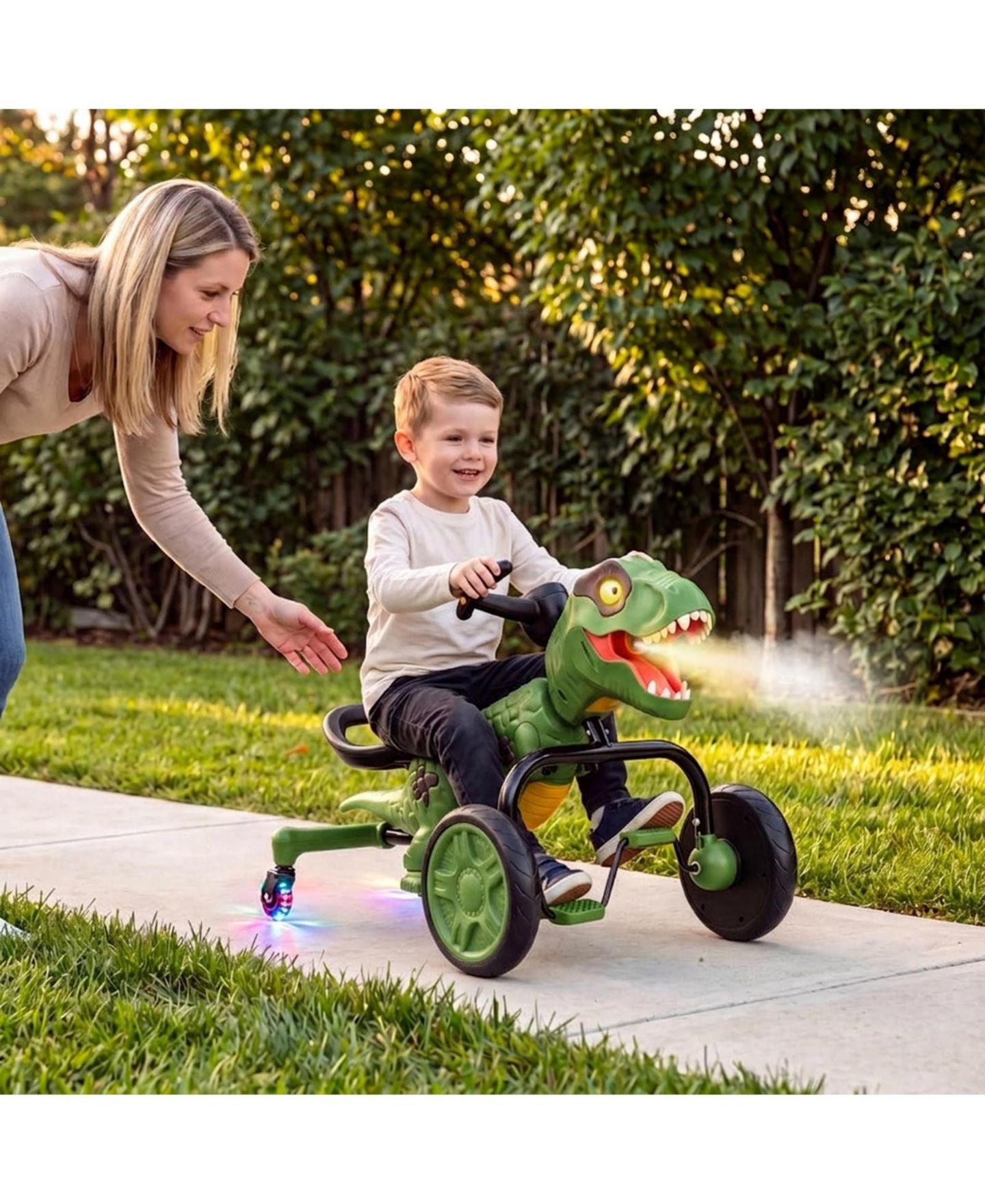 Детская игрушка HONGGE Dinosaur Drift Tricycle with Mist Spray, Roar Sound & Lighted Head, 66 lb Capacity, Ages 3-8, цвет: Зелёный — фото 2
