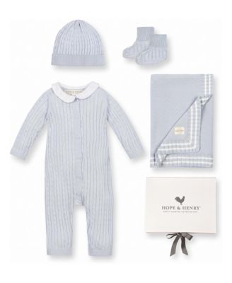 Baby Boys' and Girls' Organic Cotton Cable-Knit Peter Pan Collar Romper, Blanket, Beanie, and Booties, 4-Piece Set
