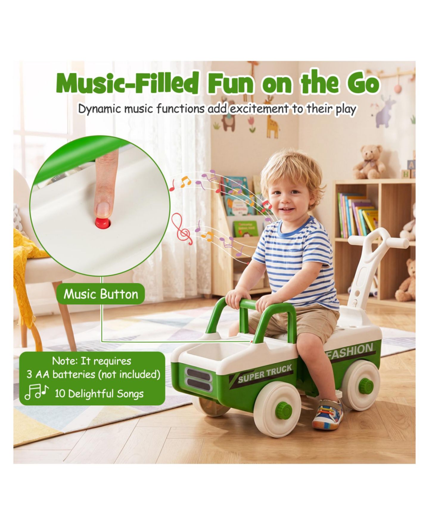 Детская игрушка Mecale 4-in-1 Kids Ride-On Push Car with Music, up to 45 lbs, Ages 1.5–5, цвет: Зелёный — фото 5