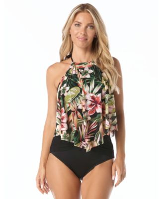 Women's Aura High-Neck Mesh Ruffle Tankini Top and High Waisted Bottoms with Printed Tiered Cover-up Dress