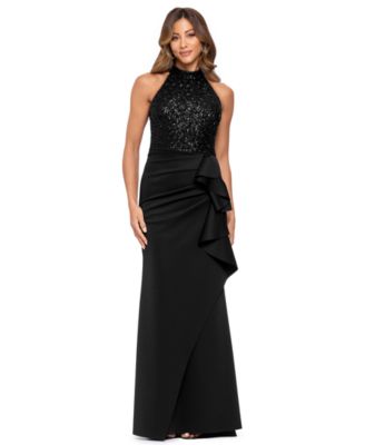 Women's Mock Neck Sequin Ruffle Gown