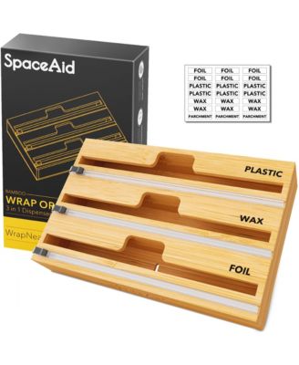 3-in-1 Wrap Organizer with Slide Cutter and Labels, Bamboo Dispenser for Plastic Wrap, Aluminum Foil and Wax Paper Rolls up to 12"