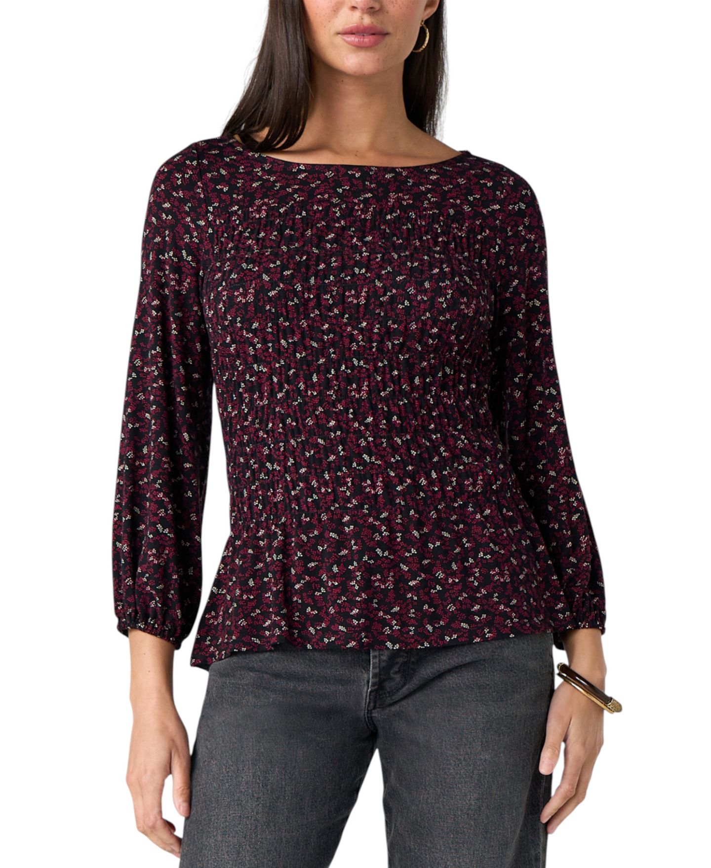 Женская блузка Liverpool Los Angeles Petite 3/4-Sleeve Smocking Blouse, цвет: Бордовый / Чёрный — фото 2