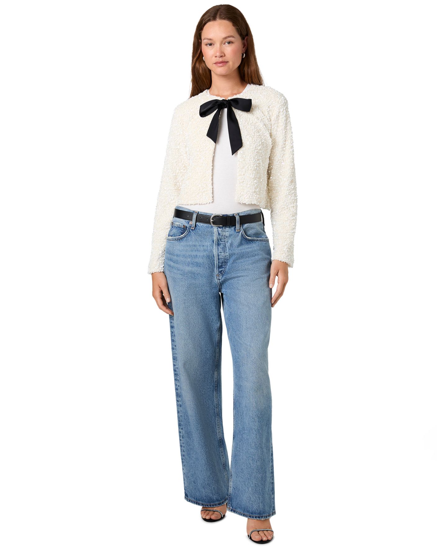 Женский топ French Connection Sequin Velvet Crop Long-Sleeve, цвет: Зимний белый / Чёрный — фото 2