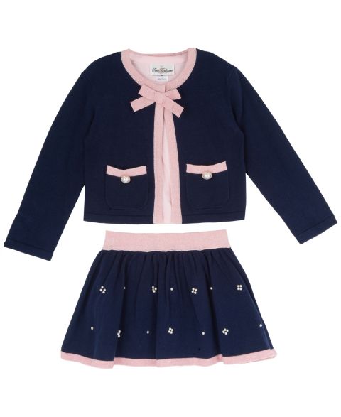 Rare Editions Girls' 4-6X Imitation Pearl Long-Sleeve Cardigan & Knit Skort, 3-Piece Set, цвет: Тёмно-синий