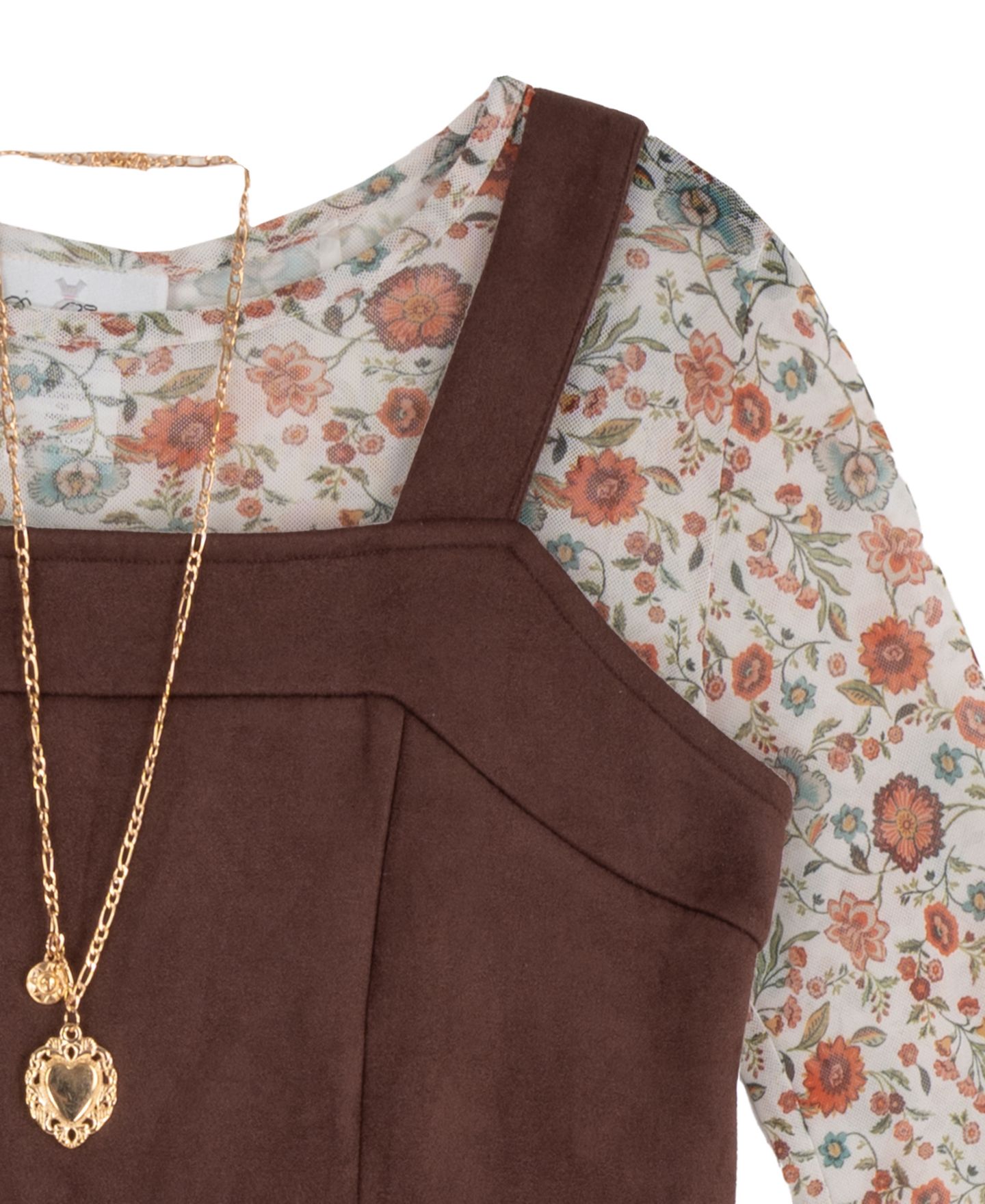 Комплекты Rare Editions Faux-Suede Square-Neck Floral-Print Jumper, Top and Necklace, 3-Piece Set для девочек, цвет: Коричневый — фото 3