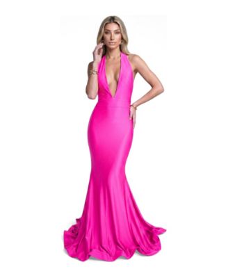 Women's Plunging Halter Mermaid Open-Back Evening Gown