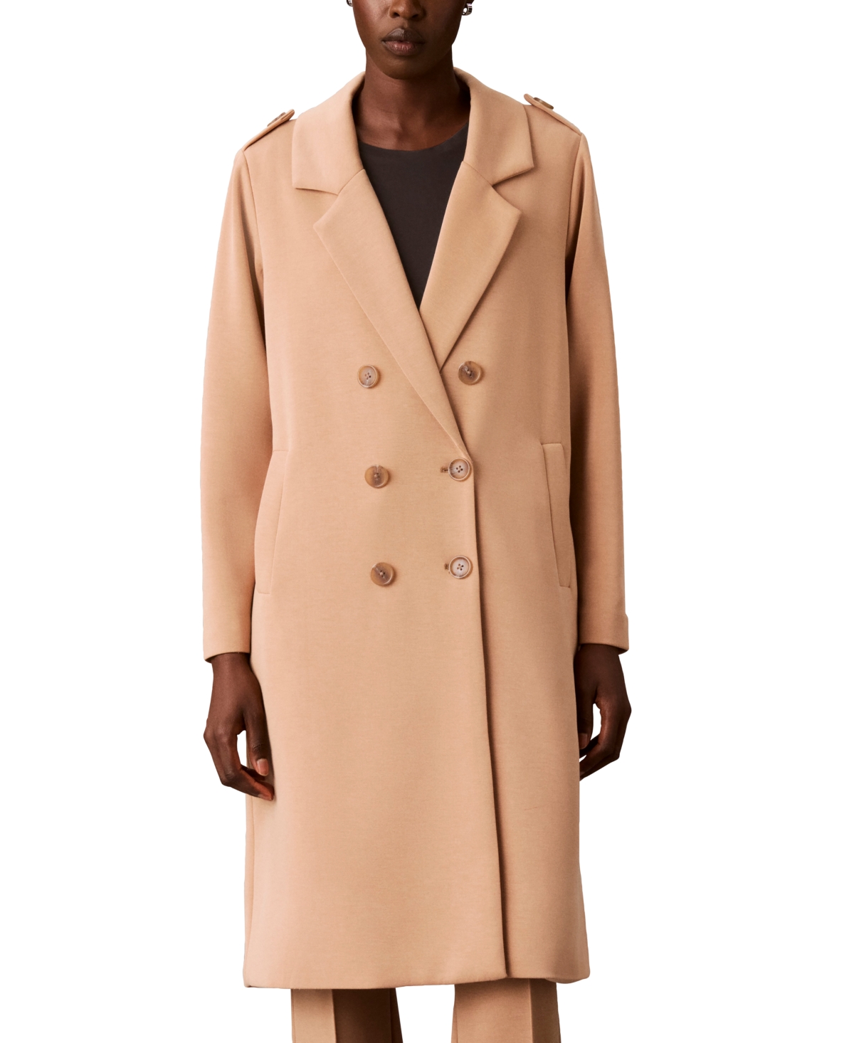Calvin Klein Petite Double-Breasted Soft Scuba-Knit Notch Lapel Coat - Warm Nougat