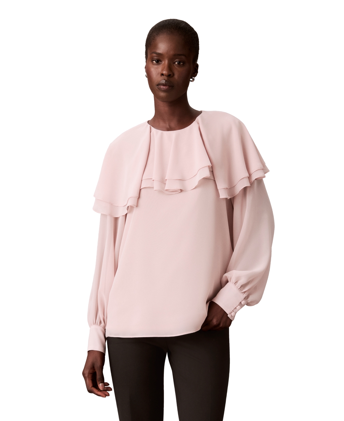 Calvin Klein Petite Tiered Ruffle Neck Raglan Long-Sleeve Chiffon Blouse - Light Tea Rose