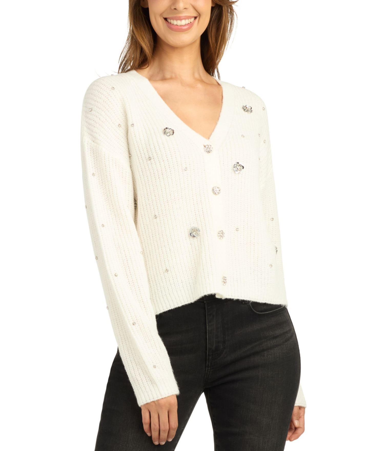 Женский кардиган BCX Juniors' Long-Sleeve Ribbed V-Neck, цвет: Слоновая кость — фото 1