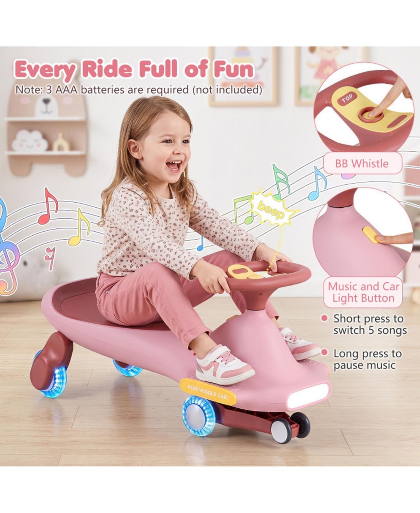 Детская игрушка HONGGE Wiggle Car with Six LED Flashing Wheels, No Pedals, Ages 2-8, цвет: Розовый — фото 5