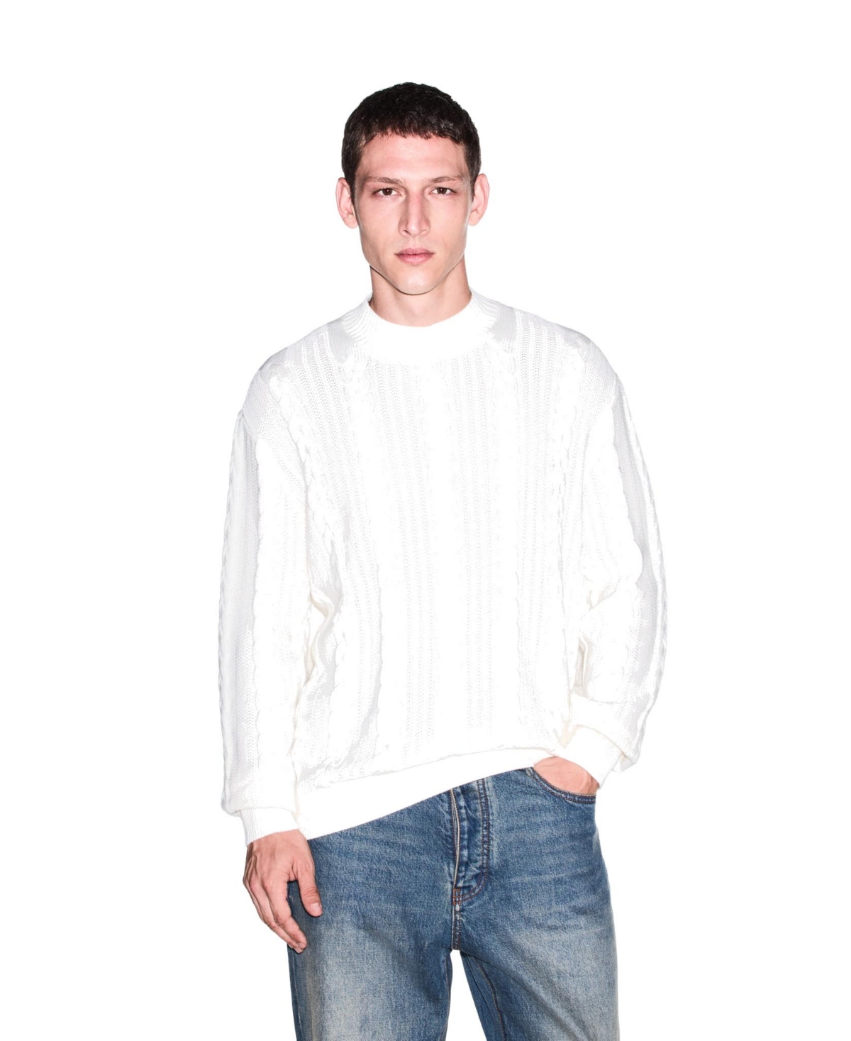 A|X Armani Exchange Men's Wool-Cotton Cable-Knit Crewneck Sweater - Vintage Off White