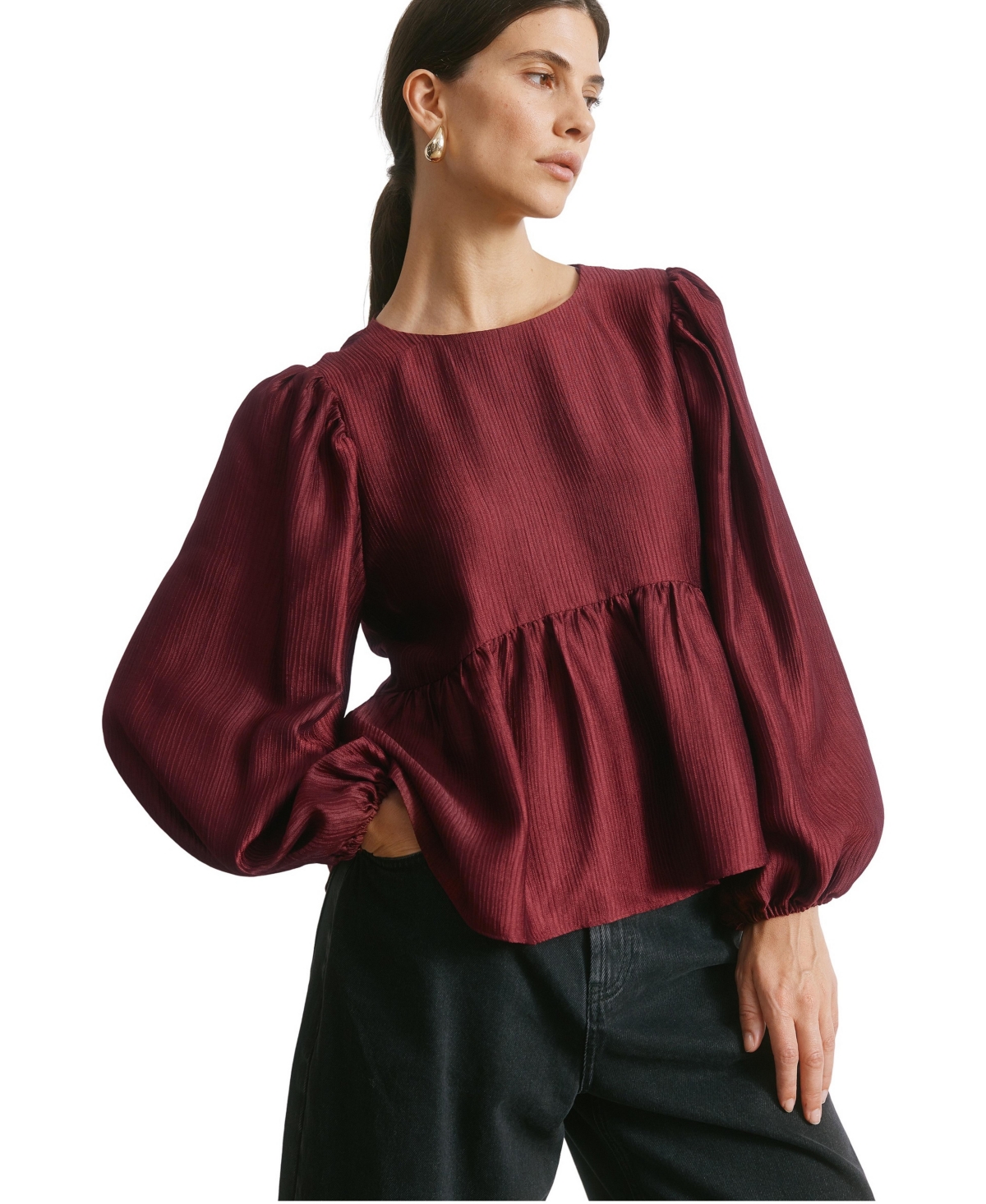 Albaray Women's Crinkle Peplum Blouson-Sleeve Blouse