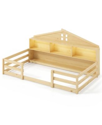 Twin Size Pine Wood House-Shaped Floor Bed with Storage Shelf