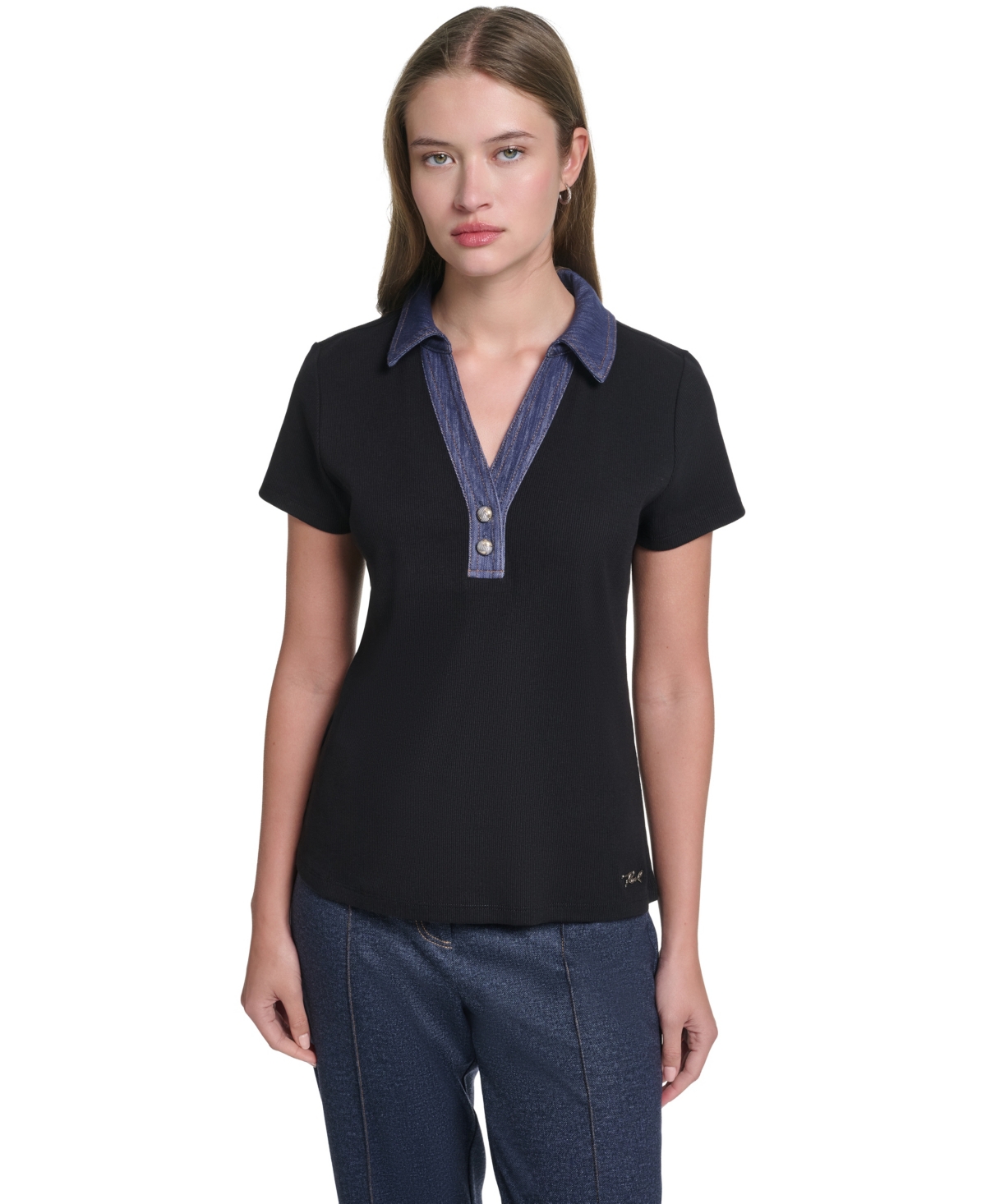 Karl Lagerfeld Paris Women's Denim V-Neck Short-Sleeve Top
