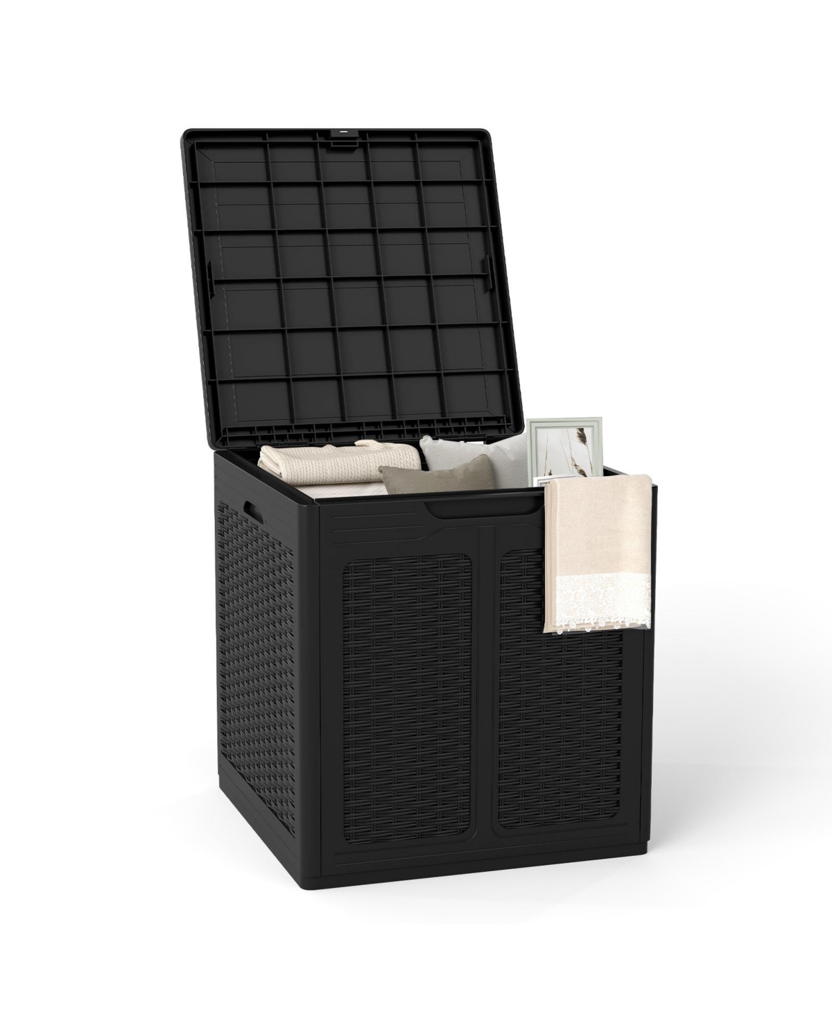 Costway - 39 Gallon Outdoor Storage Box with Rattan Patterns & Lockable Lid for Garden Tools - Black
