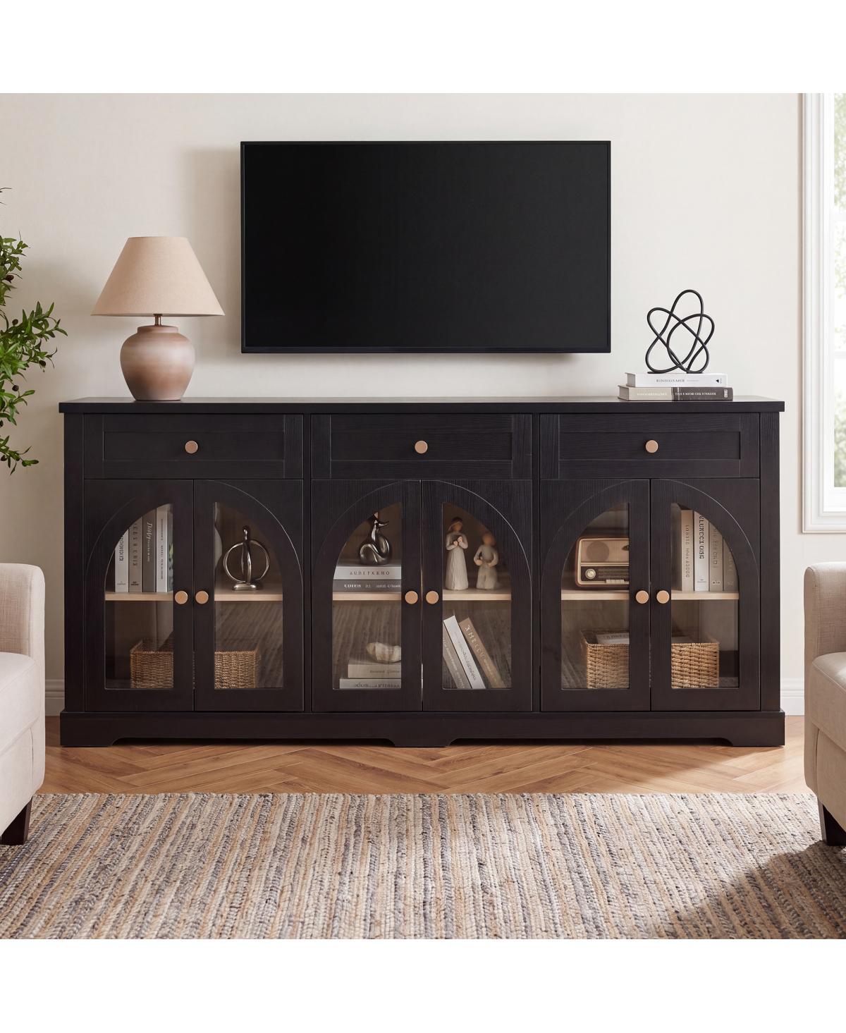 Streamdale Furniture 68" Modern 6-Door Arched Glass Sideboard Cabinet with Drawers - Black