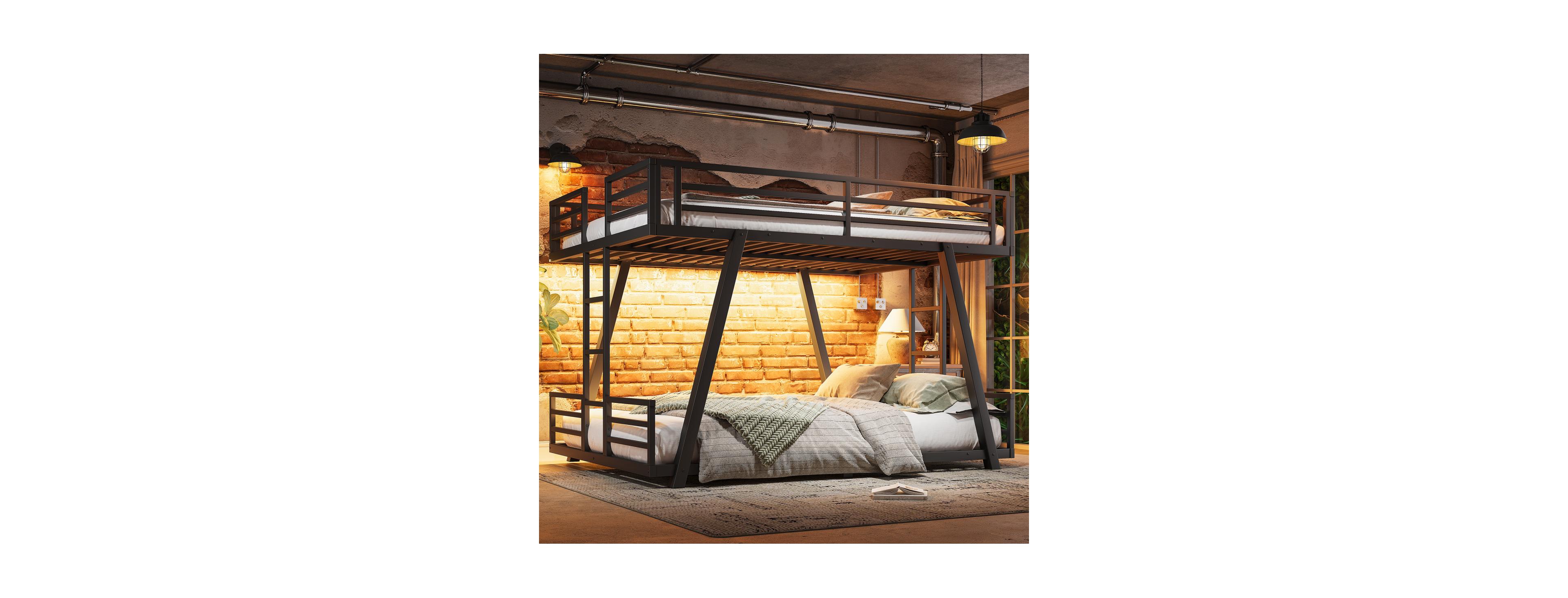 Streamdale Furniture Queen Metal Bunk Bed with Led Lights and Ladders