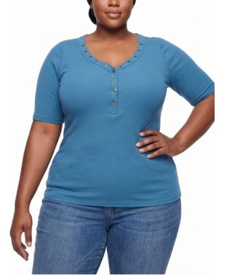 Plus Size Cotton-Modal Ribbed Curved Henley Top