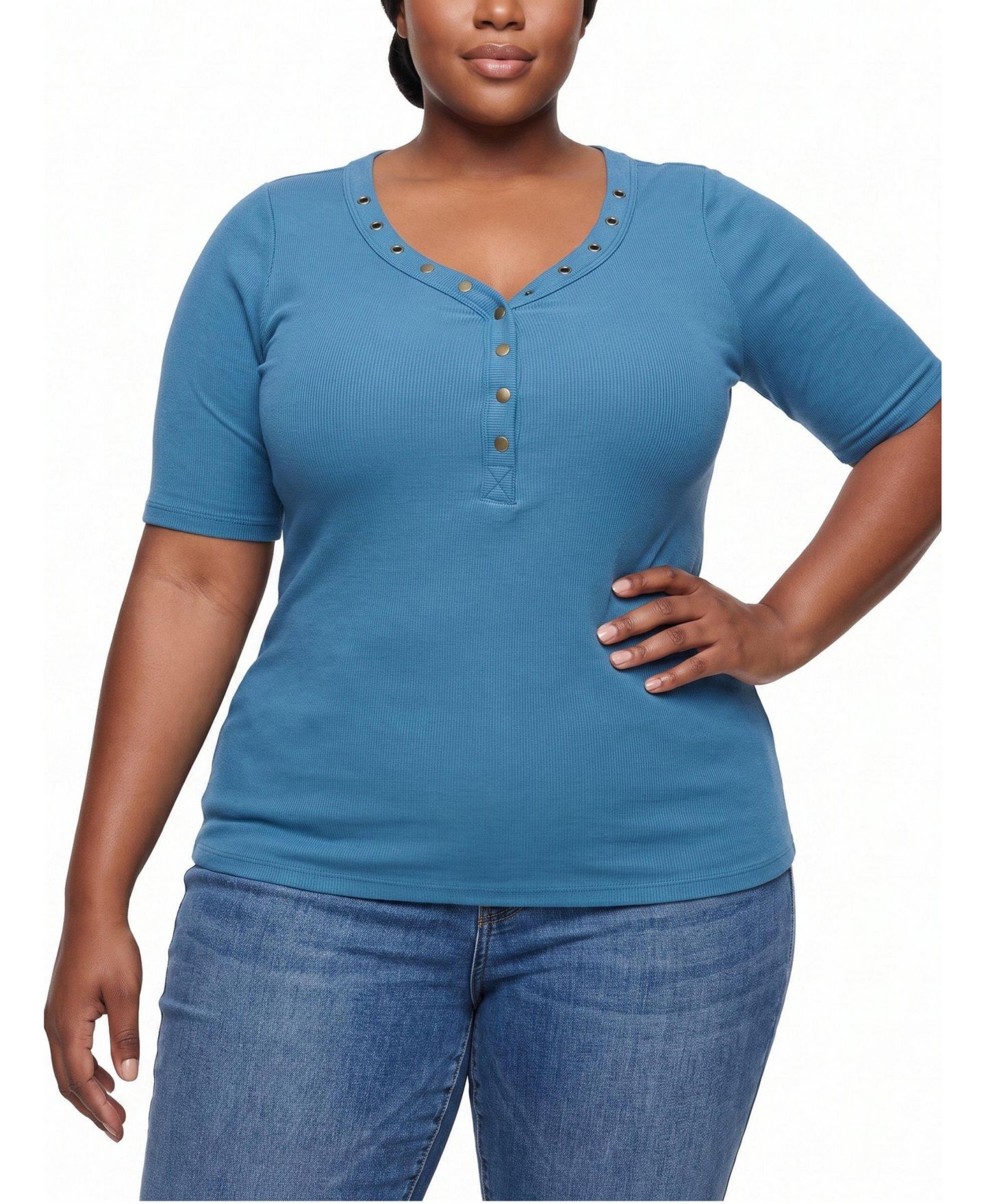Женский топ Torrid Plus Size Cotton-Modal Ribbed Curved Henley, цвет: Stellar — фото 1