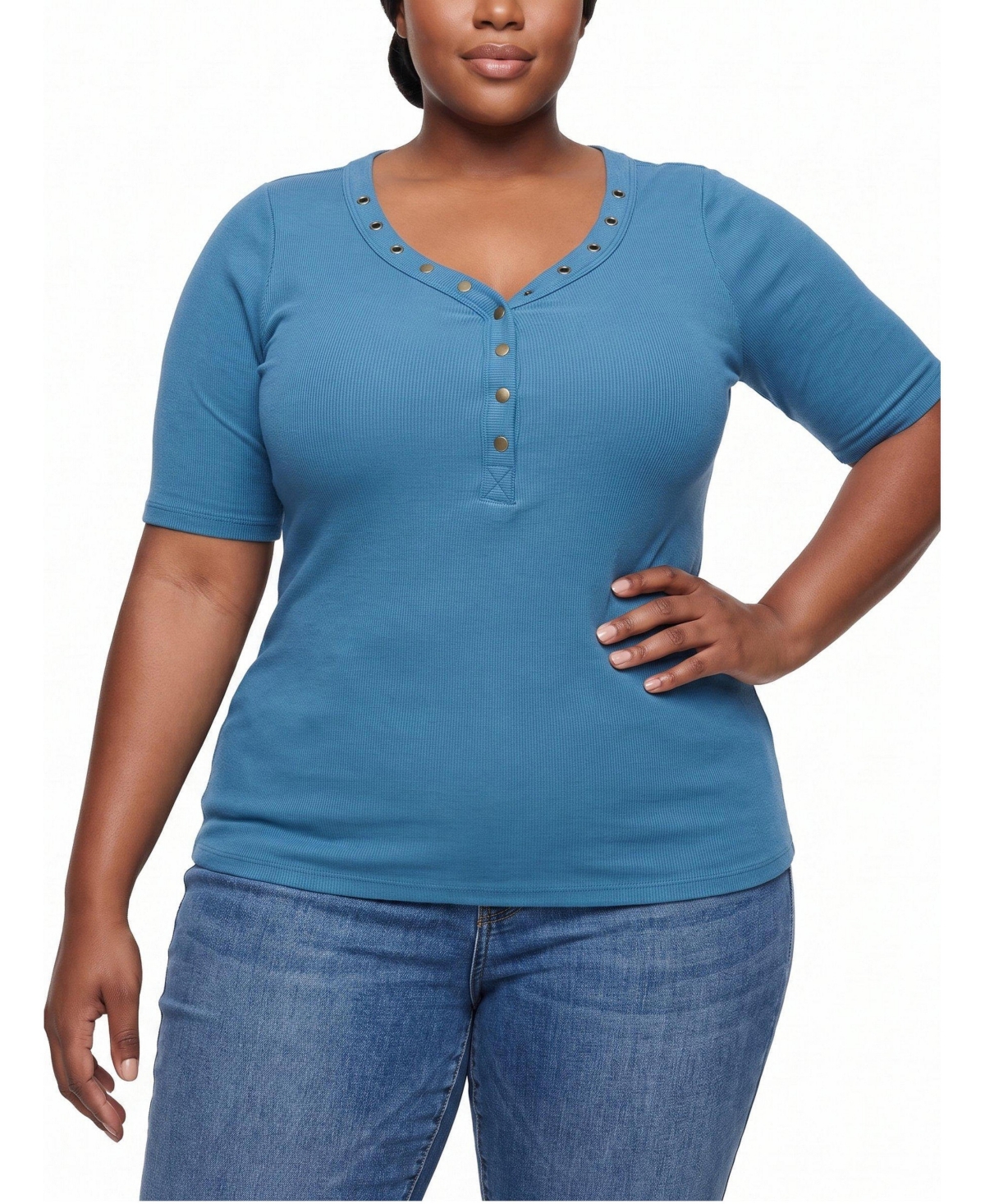 Torrid Plus Size Cotton-Modal Ribbed Curved Henley Top - Stellar