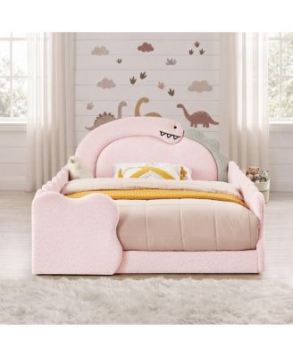 Cute Dinosaur Full Size Wood Bed Frame with Guardrail and Boucle Fabric