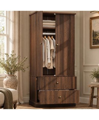 72" Fluted Armoire Wardrobe with 2 Drawers, Hanging Rod and Adjustable Shelf