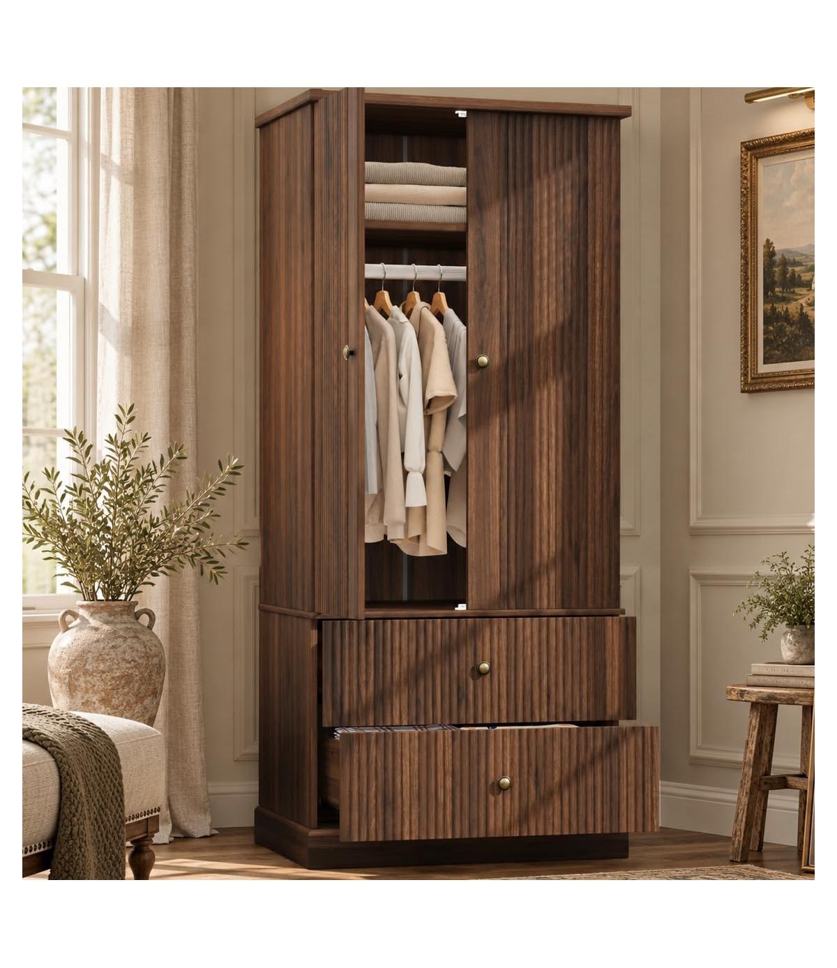 homfan 72" Fluted Armoire Wardrobe with 2 Drawers, Hanging Rod and Adjustable Shelf