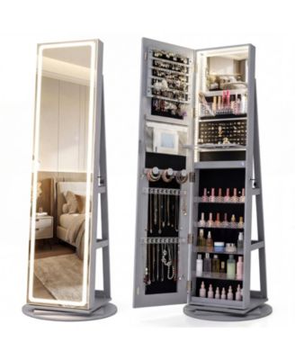 LED Mirror Jewelry Storage Armoire with Lock and Rotating Base