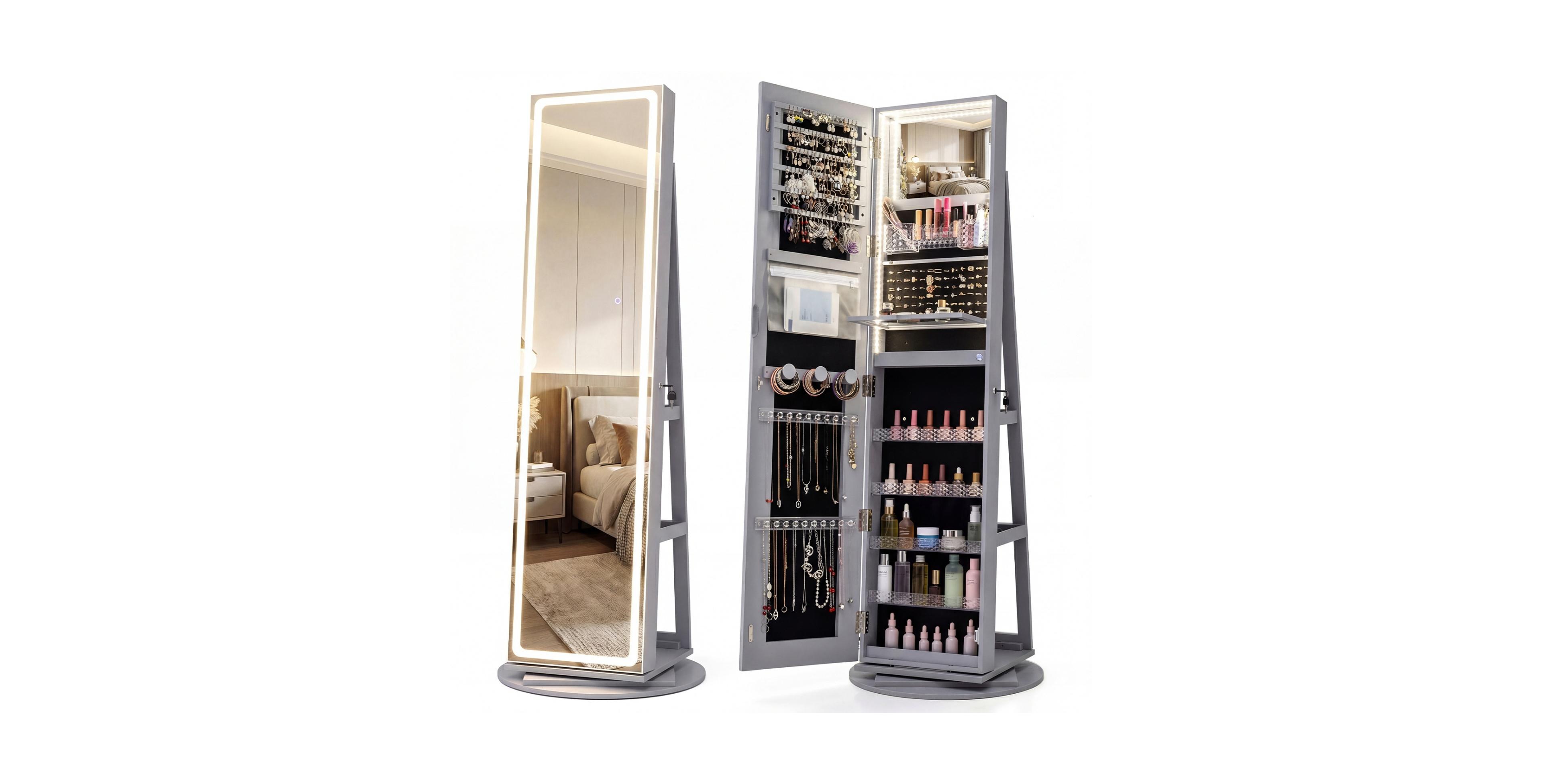 Sugift Led Mirror Jewelry Storage Armoire with Lock and Rotating Base