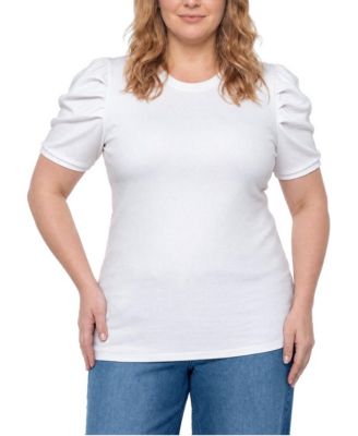 Plus Size Belle Isle Short-Puff Sleeves Ruched Cotton-Blend T-Shirt