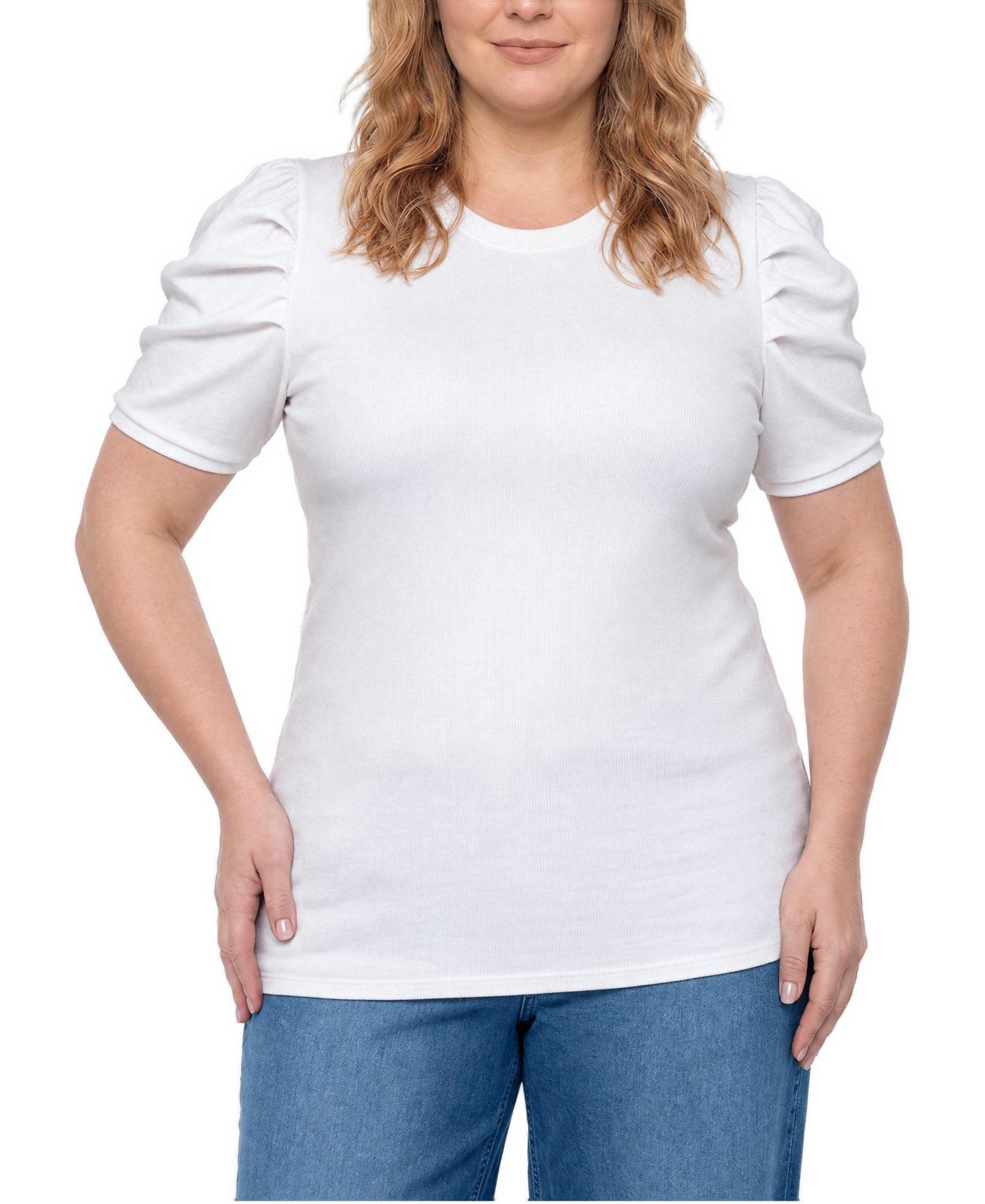 Женская футболка Torrid Plus Size Belle Isle Short-Puff Sleeves Ruched Cotton-Blend, цвет: Яркий белый — фото 1